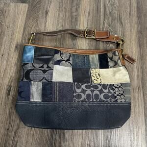Rare Coach Y2K Blue Denim Patchwork Whiskey Leather Trim Shoulder Tote Bag 10003